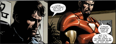 Bucky and Tony discuss the letter that Steve left, noting that he did not ask for Bucky to be made Captain America, and Tony suggests that Bucky wouldn't let anyone else take up the mantle.