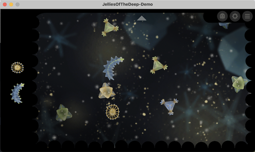 A screenshot of Jellies of the Deep being played in windowed mode on a Mac computer. Several jellyfish of various shapes float around in the darkness; two have been picked and are shown on the left hand side.